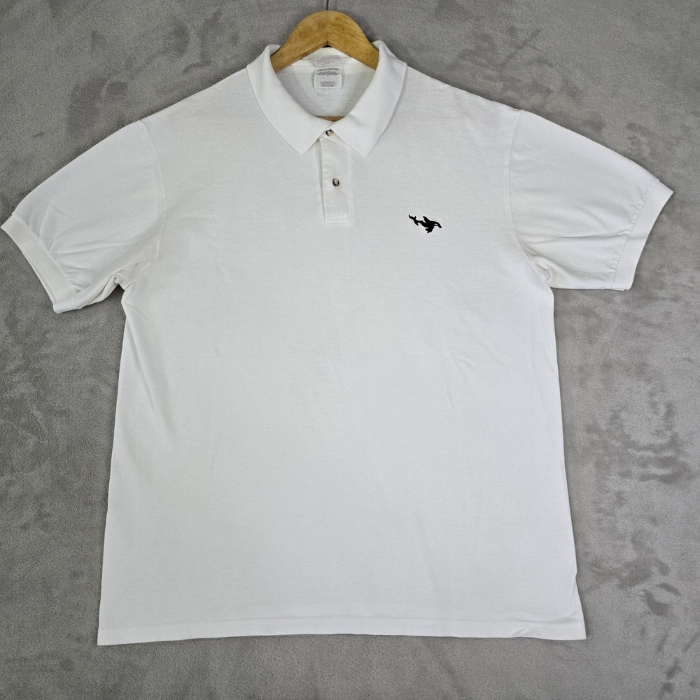 Vintage Hanes White Pique Polo Shirt w/ Embroidered Orca Whale  Men's L USA Made